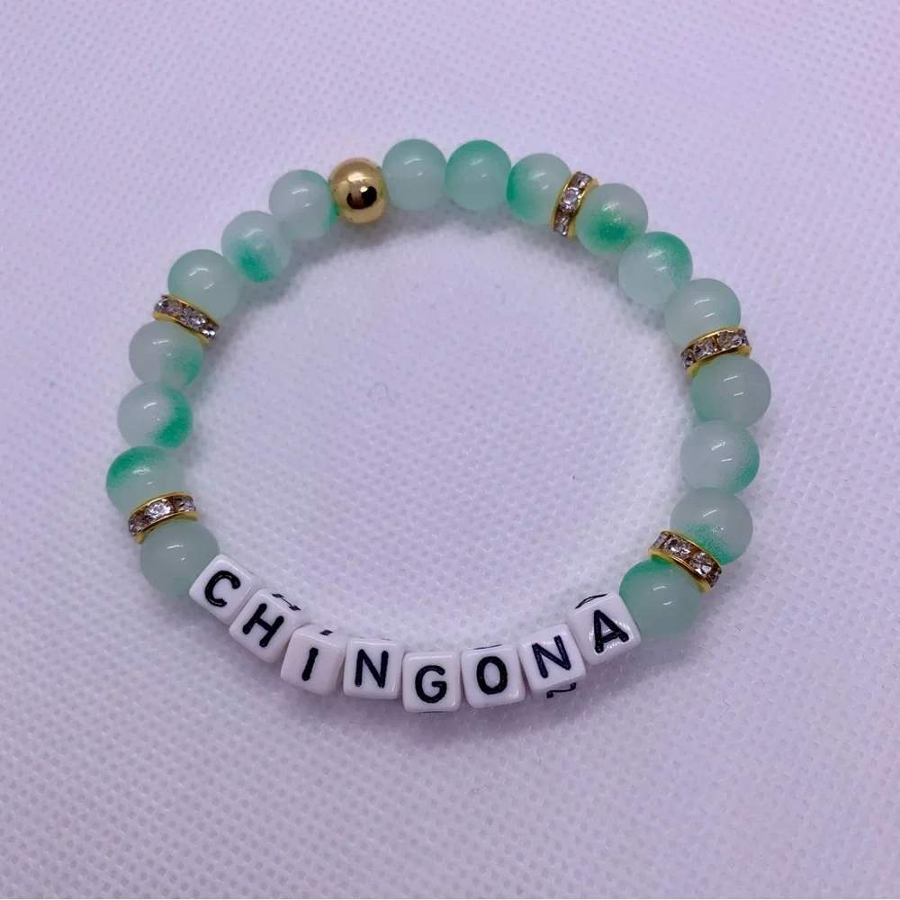 Chingona Green & Gold Beaded Letter Bracelet Set of 3 - Picture 4 of 5